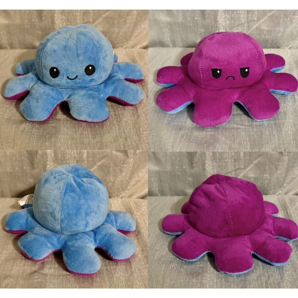 Reversible Octopus Plush Toy Mood Flip Happy Blue/ Angry Purple - 6x4 Emotion